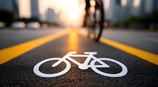 A close-up view of a bicycle lane marking with a blurred cyclist in the background during sunset in an urban setting.