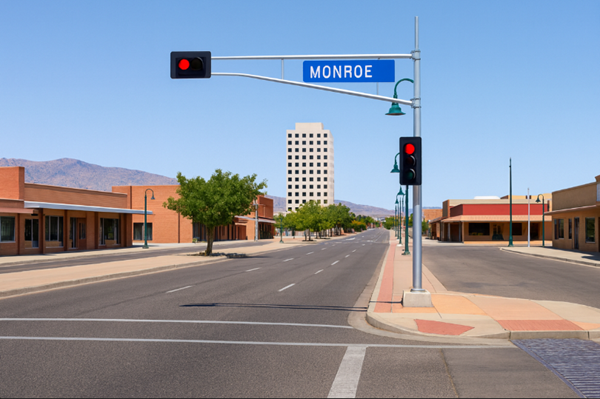 Empty city intersection in Albuquerque with red traffic lights, clear blue sky, and mountains in the background.
