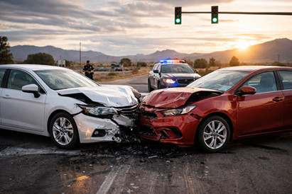 A police cruiser at the scene of a left-turn car accident in Albuquerque