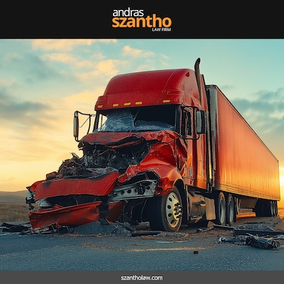 Severely damaged red semi-truck involved in a truck accident in Albuquerque at sunset
