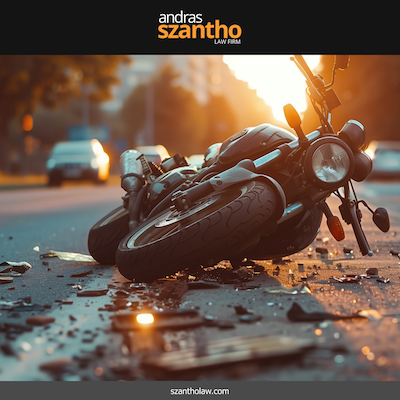 A damaged motorcycle lies in the road following a Santa Fe motorcycle crash
