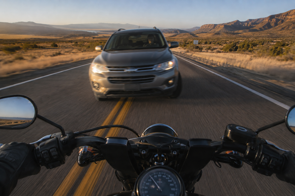 A first-person view from a motorcycle traveling on a two-lane desert highway in New Mexico as an oncoming SUV crosses the yellow center line into the rider's path, illustrating one of the most dangerous driving behaviors that lead to fatal motorcycle accidents.