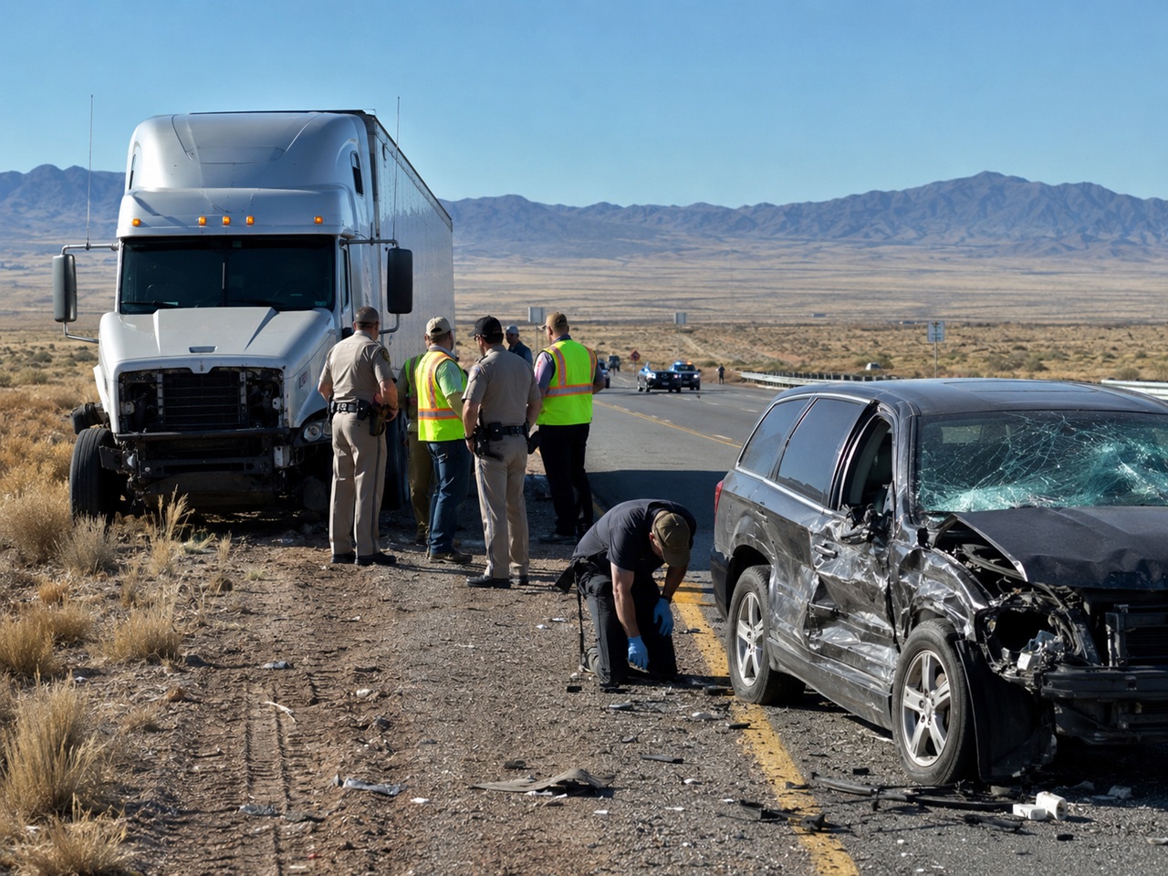 Law enforcement officers and road crews investigate a severe collision on a desert highway in New Mexico between a white semi-truck and a badly crushed dark SUV with a shattered windshield, while an investigator examines debris on the road.