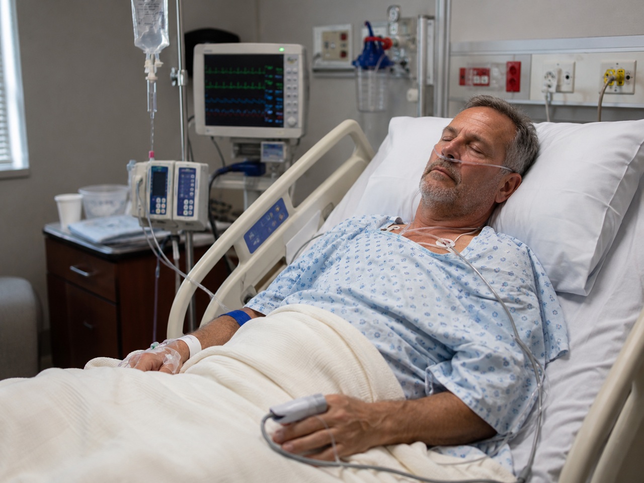 A middle-aged man lies unconscious in a hospital bed connected to an IV drip, oxygen nasal cannula, and cardiac monitors, depicting a patient who may have suffered harm from a preventable medical error in New Mexico.