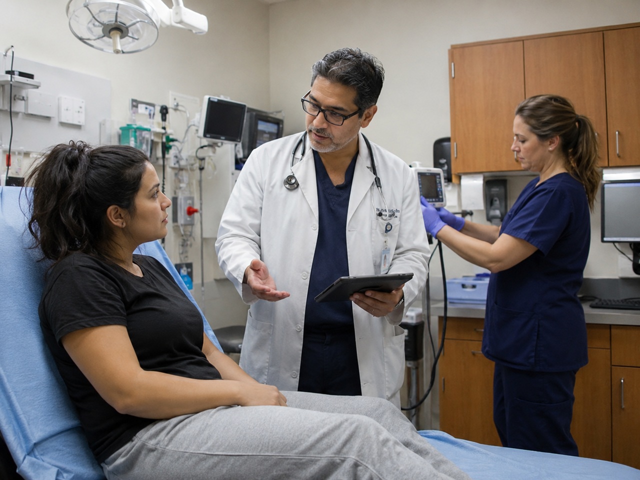A doctor speaking with a patient in an emergency room bed while a nurse operates monitoring equipment nearby, illustrating a New Mexico ER visit relevant to a medical negligence claim.