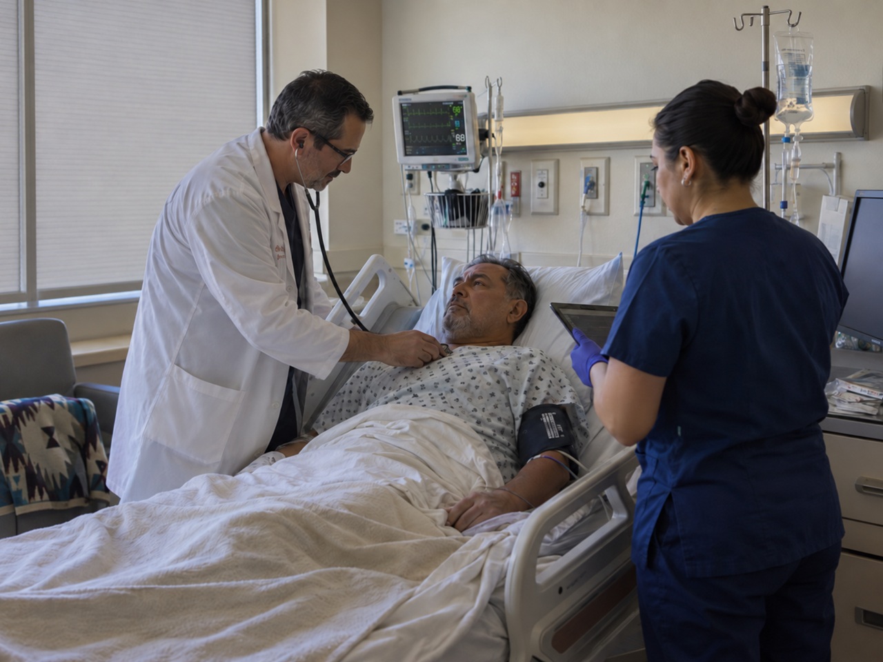 A New Mexico hospital doctor listening to a bedridden patient's heart and lungs with a nurse recording vital signs on a tablet, illustrating the monitoring at issue in a delayed sepsis treatment malpractice claim.